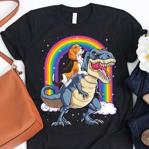 Beagle Dinosaur T rex Shirt / Beagle Shirt / Dinosaur T-rex / Beagles Gifts / Rainbow Tee / Dog Riding Trex / Tank Top / Hoodie