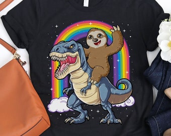 Sloth Riding Dinosaur T Rex Shirt 