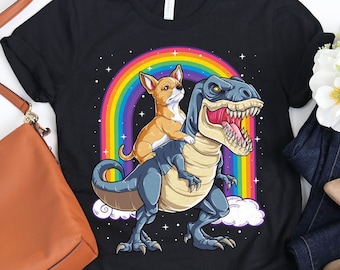 Chihuahua Dinosaur T rex Shirt / Chihuahuas Gifts / Dinosaur T-rex / Rainbow Tee / Chihuahua Lover / Dog Riding Trex / Tank Top / Hoodie