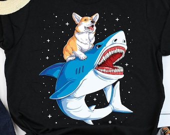 Corgi ridande hajskjorta / Corgi-skjorta / Corgi-presenter / rolig söt Corgi / present till Corgi-älskare / Shark Jawsome / linne / hoodie
