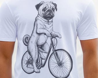 Pug on a Bicycle T shirt • Pug Riding Bicycle Tee • Pug Shirt • Pug Gift • Unisex Tee • Mens Womens T Shirt • Youth Tee • Graphic Tee