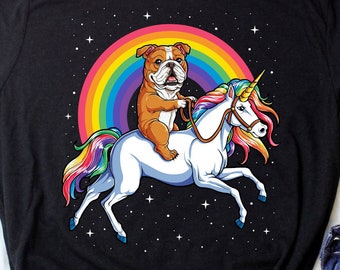 English Bulldog Riding Unicorn Shirt / English Bulldog Shirt / Rainbow Unicorn / English Bulldog Gifts / Bulldog Lover / Tank Top / Hoodie