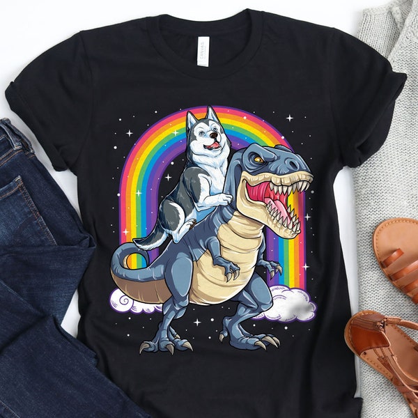 Siberian Husky Dinosaur T rex Shirt / Siberian Huskies / Sled Wolf Dog / Huksy Gifts / Rainbow Tee / Dino T-rex / Tank Top / Hoodie