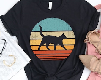 Katt Solnedgång T-shirt / Katt T-shirt / Kattgåvor / Kattunge Kattunge T-shirts / Present till kattägare / Retro Vintage / Katttryck Konst / Linne / Hoodie