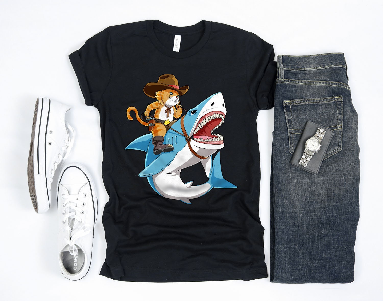 Cat riding shark shirt hot sale