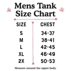 K&ouml;nnte beinhalten: Eine Gr&ouml;&szlig;entabelle f&uuml;r Tanktops mit Brustumfang in Zoll. Die Tabelle zeigt die Gr&ouml;&szlig;en S, M, L, XL und 2X mit den entsprechenden Brustma&szlig;en.
