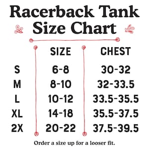 K&ouml;nnte beinhalten: Gr&ouml;&szlig;entabelle f&uuml;r ein Racerback-Tanktop mit Ma&szlig;en in Zoll f&uuml;r Brustumfang und Gr&ouml;&szlig;e. Die Gr&ouml;&szlig;en reichen von S bis 2X. Die Tabelle enth&auml;lt den Text "Bestellen Sie eine Gr&ouml;&szlig;e gr&ouml;&szlig;er f&uuml;r eine lockerere Passform."