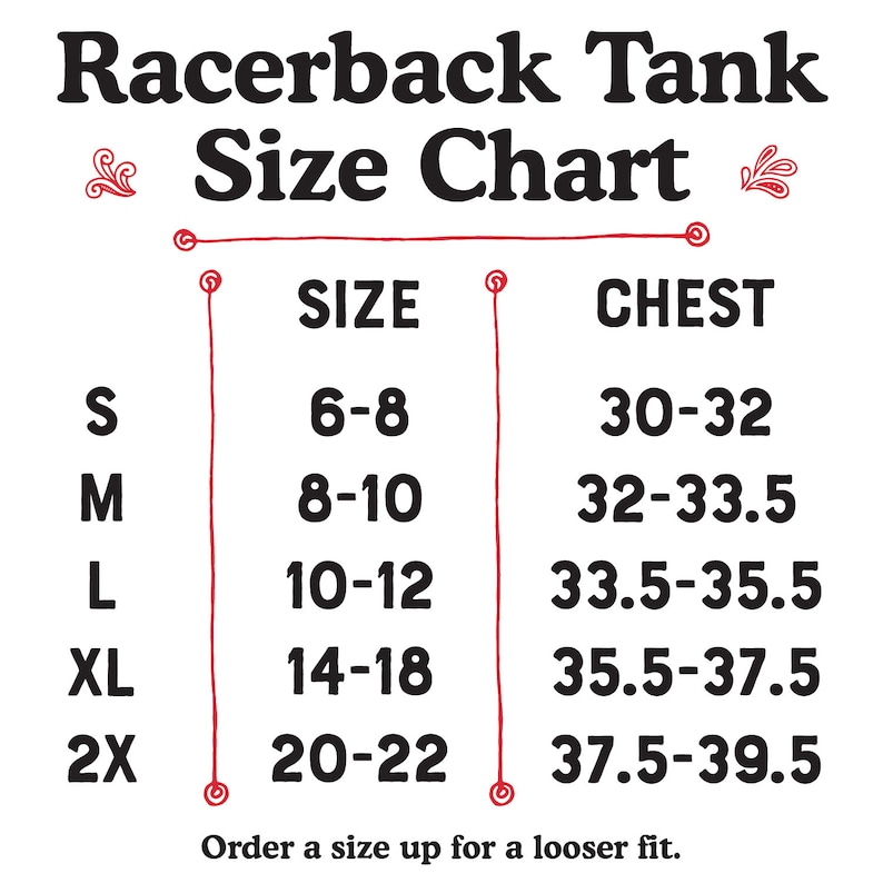 K&ouml;nnte beinhalten: Gr&ouml;&szlig;entabelle f&uuml;r ein Racerback-Tanktop mit Ma&szlig;en in Zoll f&uuml;r Brustumfang und Gr&ouml;&szlig;e. Die Gr&ouml;&szlig;en reichen von S bis 2X. Die Tabelle enth&auml;lt den Text "Bestellen Sie eine Gr&ouml;&szlig;e gr&ouml;&szlig;er f&uuml;r eine lockerere Passform."