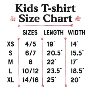 K&ouml;nnte beinhalten: Gr&ouml;&szlig;entabelle f&uuml;r Kinder-T-Shirts mit Ma&szlig;en in Zoll. Die Gr&ouml;&szlig;en reichen von XS (4/5) bis XL (14/16). F&uuml;r jede Gr&ouml;&szlig;e werden L&auml;ngen- und Breitenma&szlig;e angegeben.