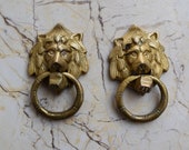 Vintage Lion Knocker Handle Victorian brass door gate Chest Ring Pull 2 pcs