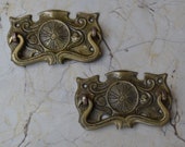 Vtg Cast Brass Door handle Knocker Victorian Floral drop Gate pull Handle 2 pcs