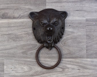 Vintage Victorian Iron Grizzly Bear chest door knocker ring Pull handle knob