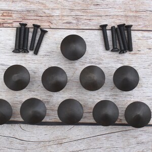 Puede incluir: Un juego de diez pomos de armario negros mate con tornillos a juego, dispuestos sobre una superficie de madera. Los pomos son redondos con una parte superior ligeramente abovedada, y los tornillos son negros con cabeza ranurada. Ideal para muebles.