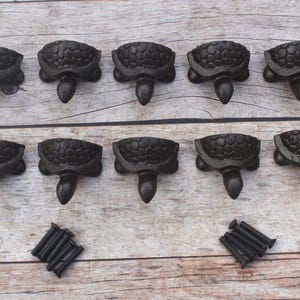May include: Ten black turtle-shaped cabinet knobs with textured shells and extended heads, arranged in two rows of five. Two small piles of black metal mounting screws are positioned below the knobs, providing the necessary hardware for installation.