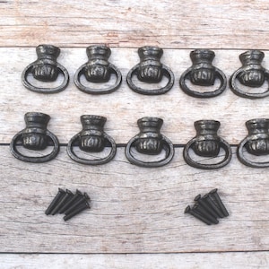 Puede incluir: Diez tiradores de cajón de estilo antiguo con tiradores de anillo, dispuestos en dos filas de cinco. Cada tirador es de color gris oscuro desgastado, con una base decorativa y un tirador circular. Se incluyen tornillos pequeños.