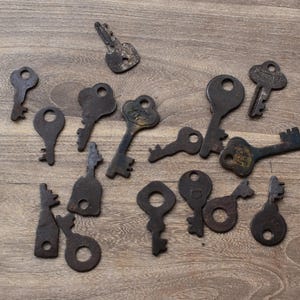 Könnte beinhalten: Eine Sammlung antiker Schlüssel in verschiedenen Formen und Größen, auf einer Holzoberfläche angeordnet. Die Schlüssel sind dunkelbraun und weisen Gebrauchsspuren auf. Einige Schlüssel haben aufwendige Designs, andere sind schlicht.