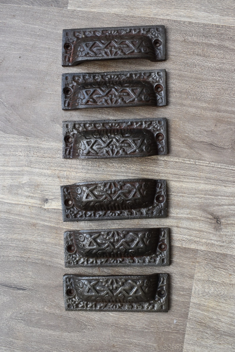 Victorian cast iron Cup cabinet drawer door knobs handles pull rustic 6 pcs