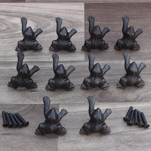 May include: Twelve black cast iron frog drawer pulls with a raised design. The pulls are arranged in three rows of four. The pulls are accompanied by six black screws.