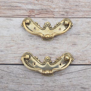 Peut inclure: Deux poignées de tiroir en laiton assorties avec une forme incurvée et ornée. Chaque poignée présente un élément décoratif central avec de petits détails circulaires, des bords en volutes et deux trous de montage pour la fixation.