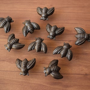以下が含まれることがあります： 濃い茶色の仕上げの鋳鉄製の蜂の形をした引き出しの取っ手10個。蜂の取っ手は、詳細な羽根と質感のあるボディを持っています。