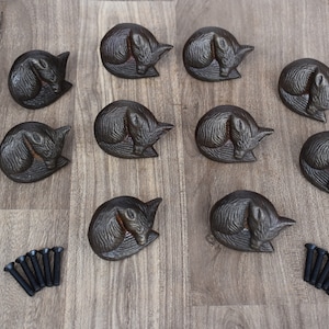10 Cast Iron Fox Drawer Pulls - Rustic Brown Metal Cabinet Knobs