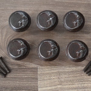 Könnte beinhalten: Sechs rustikale braune Metall-Schrankknöpfe mit einem Halbmond-Design. Die Knöpfe sind in zwei Reihen zu je drei angeordnet. Jeder Knopf hat ein silberfarbenes Halbmond-Design. Zu den Knöpfen gehören sechs Schrauben.