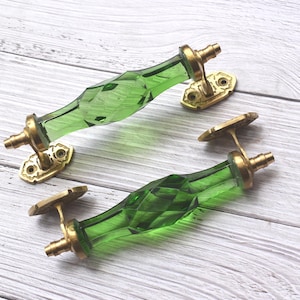 7インチ ヴィンテージスタイル 真鍮とガラス ミントグリーン ゲートドア用取っ手 2個セット