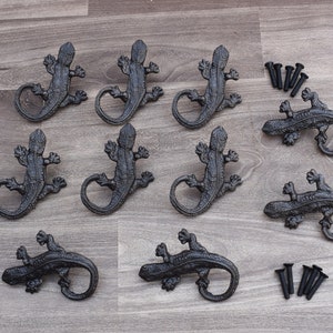 Puede incluir: Diez ganchos de lagarto de hierro fundido negro con cuatro tornillos negros. Los ganchos tienen forma de lagarto con la cola enroscada. Son perfectos para colgar llaves, toallas u otros artículos pequeños.