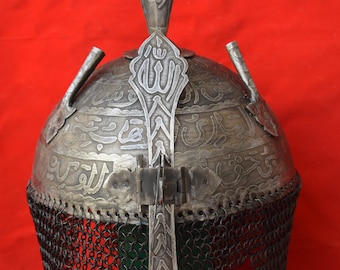 Vintage Decorative Mughal Islamic Iron Engraved Helmet Khula Khud Chainmal Armor