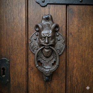 Könnte beinhalten: Ein detaillierter, antiker Türklopfer aus Bronze mit einem gehörnten, bärtigen Gesicht, das einen Ring hält. Der Klopfer ist an einer dunklen Holztür mit Schlüsselloch und Metallbeschlägen befestigt. Das Design hat eine gealterte, gotische Ästhetik.