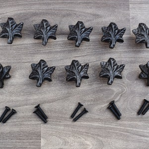 May include: Ten black cast iron leaf-shaped drawer pulls with a rustic finish and ten black screws.