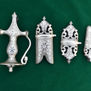 Vintage Type Handcrafted Mughal Indian silver damascened Shamshir Sword Talwar Hilt Handle with chape and locket Set of 4pcs