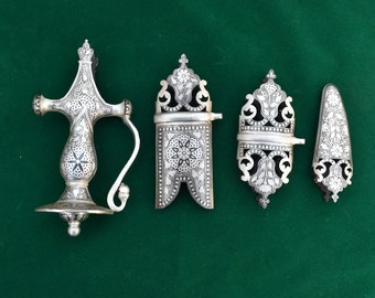 Vintage Type Handcrafted Mughal Indian silver damascened Shamshir Sword Talwar Hilt Handle with chape and locket Set of 4pcs