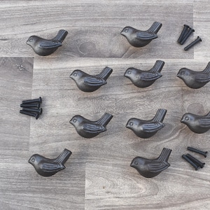 Puede incluir: Diez tiradores de cajón de hierro fundido negro en forma de pájaro con un acabado rústico. Los tiradores están dispuestos en dos filas de cinco sobre una superficie de madera.