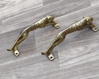 Vintage Type Cast Brass Door Handle Tiger Shape Heavy Gate Pull Handle 2 Pcs