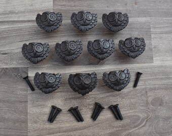 Vintage OWL Old cast iron cabinet drawer door knobs handles pull rustic 10 pcs