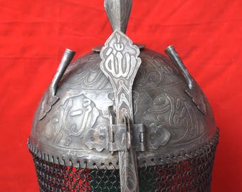Vintage Style Mughal Islamic Iron Engraved Helmet Khula Khud Chainmal Armor