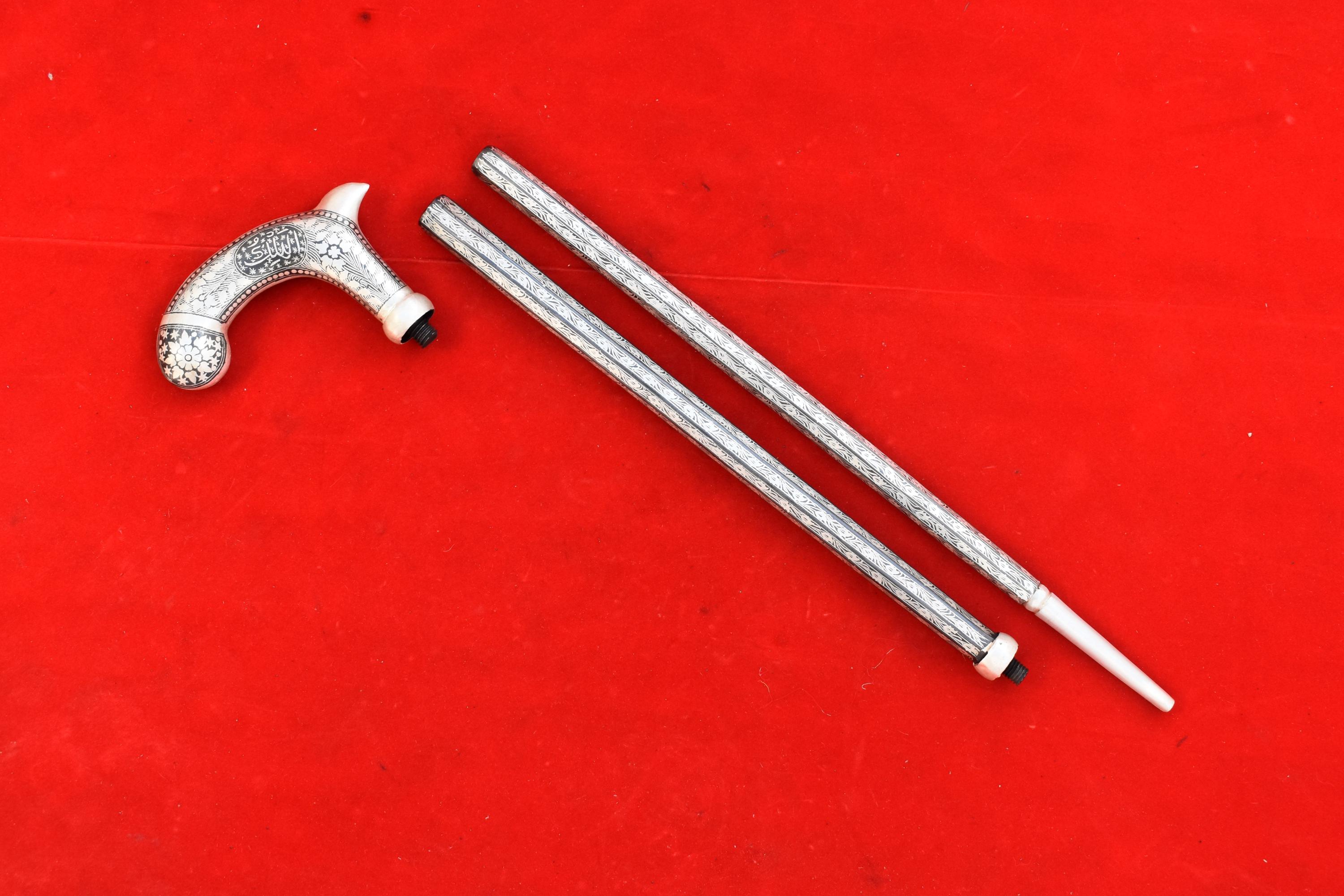 Vintage Indian Mughal Islamic Silver Damascened LION Grip Folding