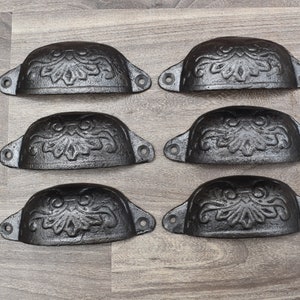 A set of 6 Vintage style drawer pull handle cast iron pull furniture cup handle