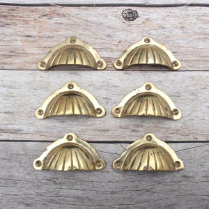 Op de afbeelding: Een set van zes halfronde messing ladehandgrepen met een gegroefd, schelpachtig ontwerp. Elke handgreep heeft een gepolijste metalen afwerking en is voorzien van drie kleine ronde schroefgaten voor montage aan de lade.