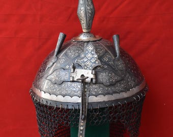 Vintage Style Mughal Islamic Ottoman Quranic silver damascened Helmet Khula Khud