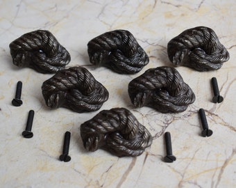 Perilla de cuerda de hierro fundido para puerta de cajón de gabinete, manijas rústicas, 6 piezas