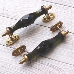 7インチ ヴィンテージスタイル 真鍮とガラス オリーブグリーン ゲートドア キッチン用取っ手 2個セット