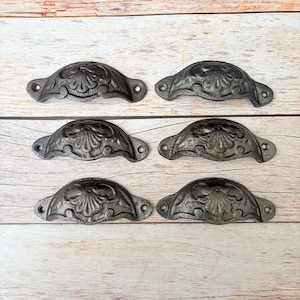 Victorian Style cast iron Cup Pulls cabinet drawer door knobs handles rustic 6 pcs