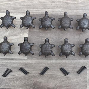 May include: Ten black cast iron turtle drawer pulls with a detailed shell design. The pulls are arranged in two rows of five.  The image also shows eight black screws.