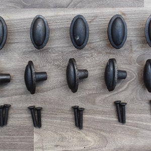 May include: A set of ten black oval cabinet knobs with a brushed finish and matching screws. The knobs have a slightly raised edge around the perimeter.