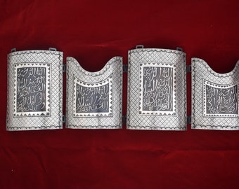 Vintage iron Mughal Ottoman Islamic Qazar Calligraphy Silver damascened Char-aina Chest Armor 4 plate Set