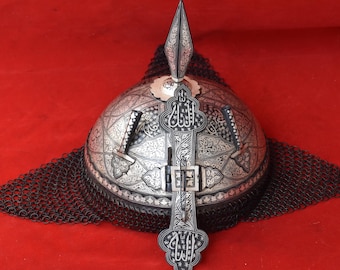 Vintage Style silver damascened Mughal Islamic Ottoman Quranic Helmet Khula Khud