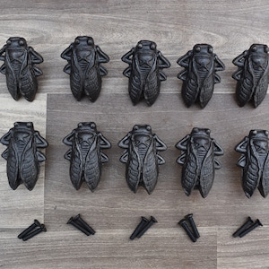 Może przedstawiać: Dziesięć czarnych, żeliwnych gałek do szuflad w kształcie cykady, z detalicznym wzorem. Gałki są ułożone w dwóch rzędach po pięć. Każda gałka ma dwa śruby do montażu.