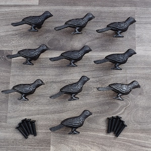 May include: Ten black cast iron bird drawer pulls with a rustic finish. The pulls are arranged in two rows of five. The pulls are accompanied by ten black screws.